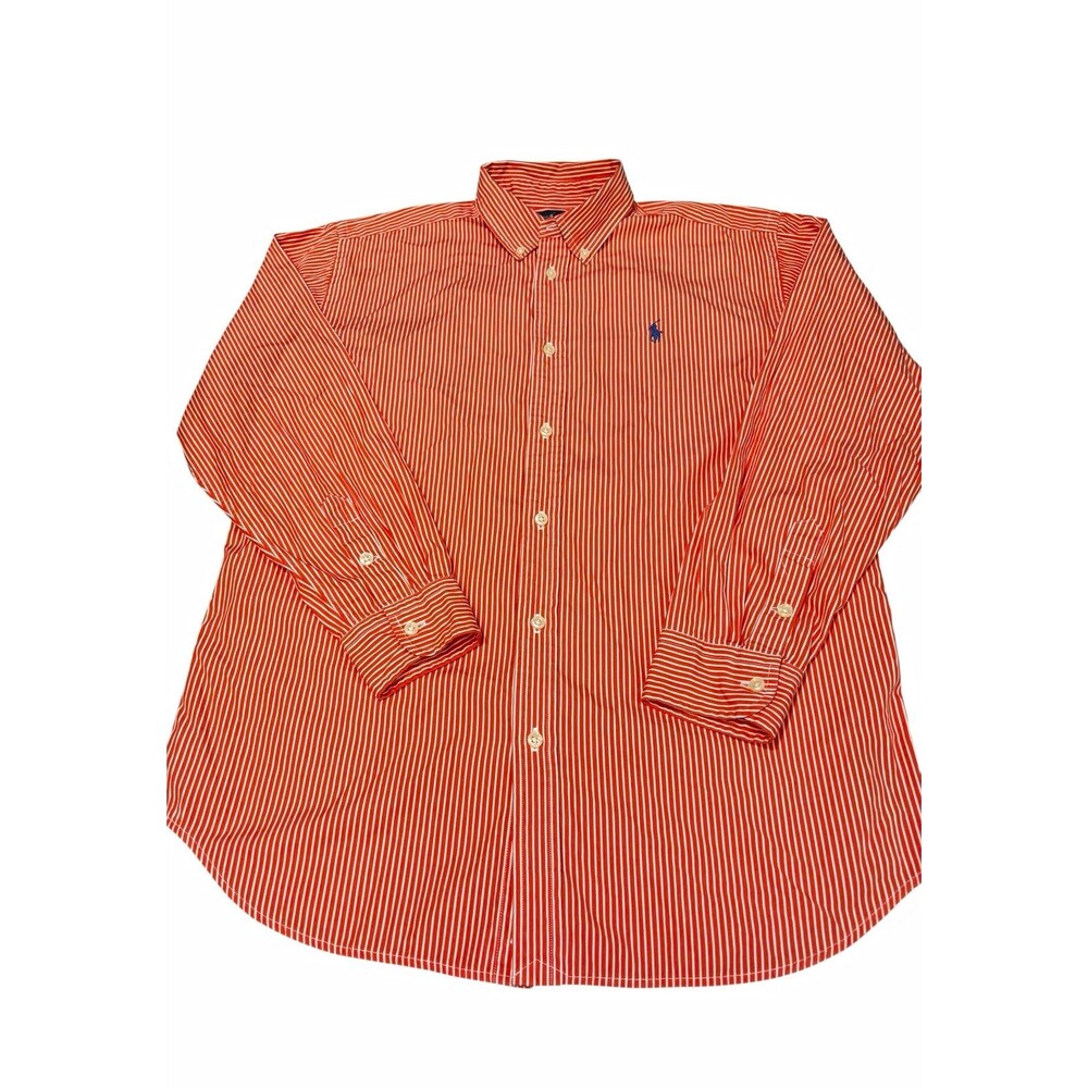 Ralph Lauren Youth Boys XL Classic Fit Orange Striped Button-Down Cotton Shirt